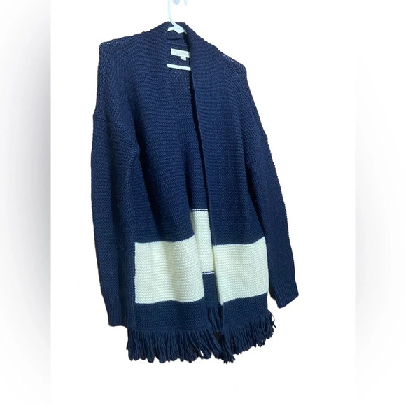 LOFT Blue White Striped W/ Fringe Accent Knit Open Cardigan Sweater Size Medium - Picture 3 of 6
